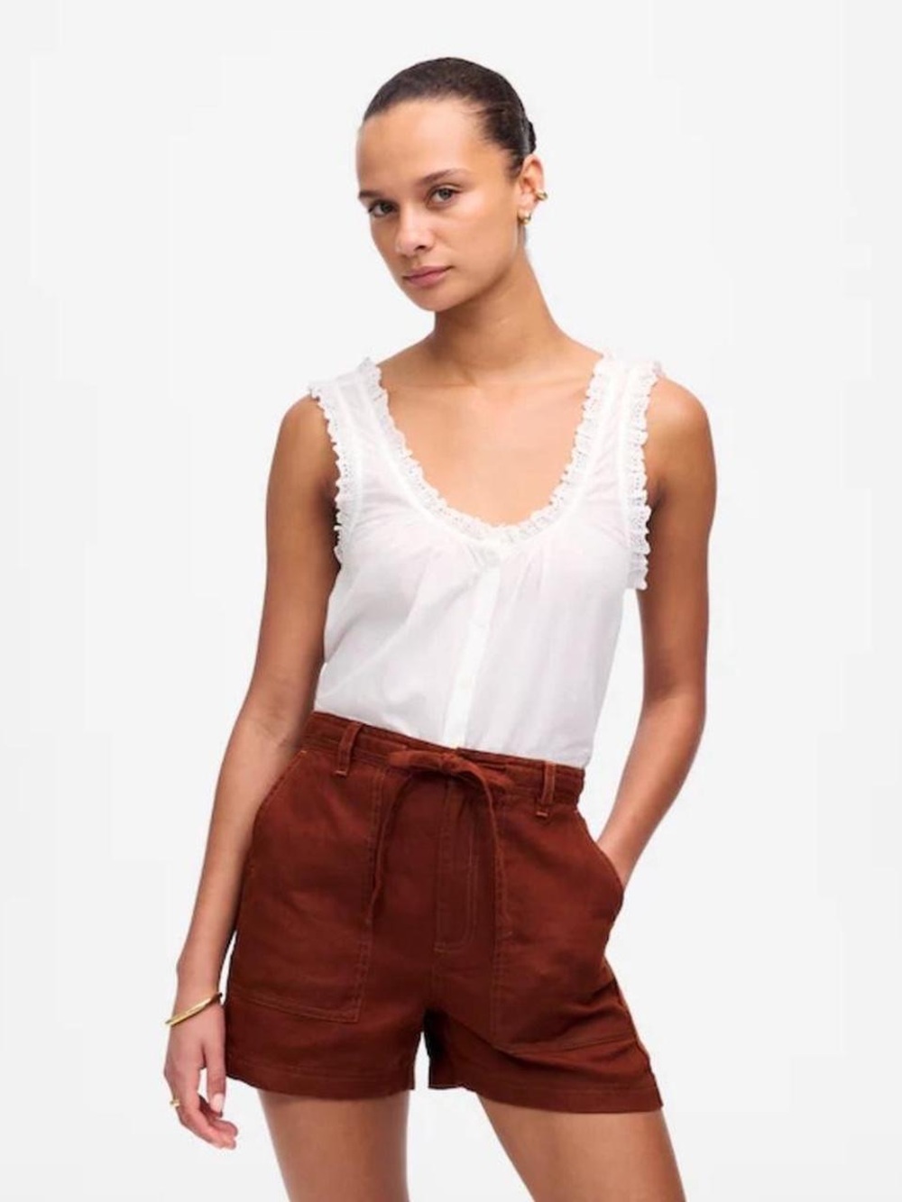 Madewell High Waist Linen Blend Shorts in Rust Brown